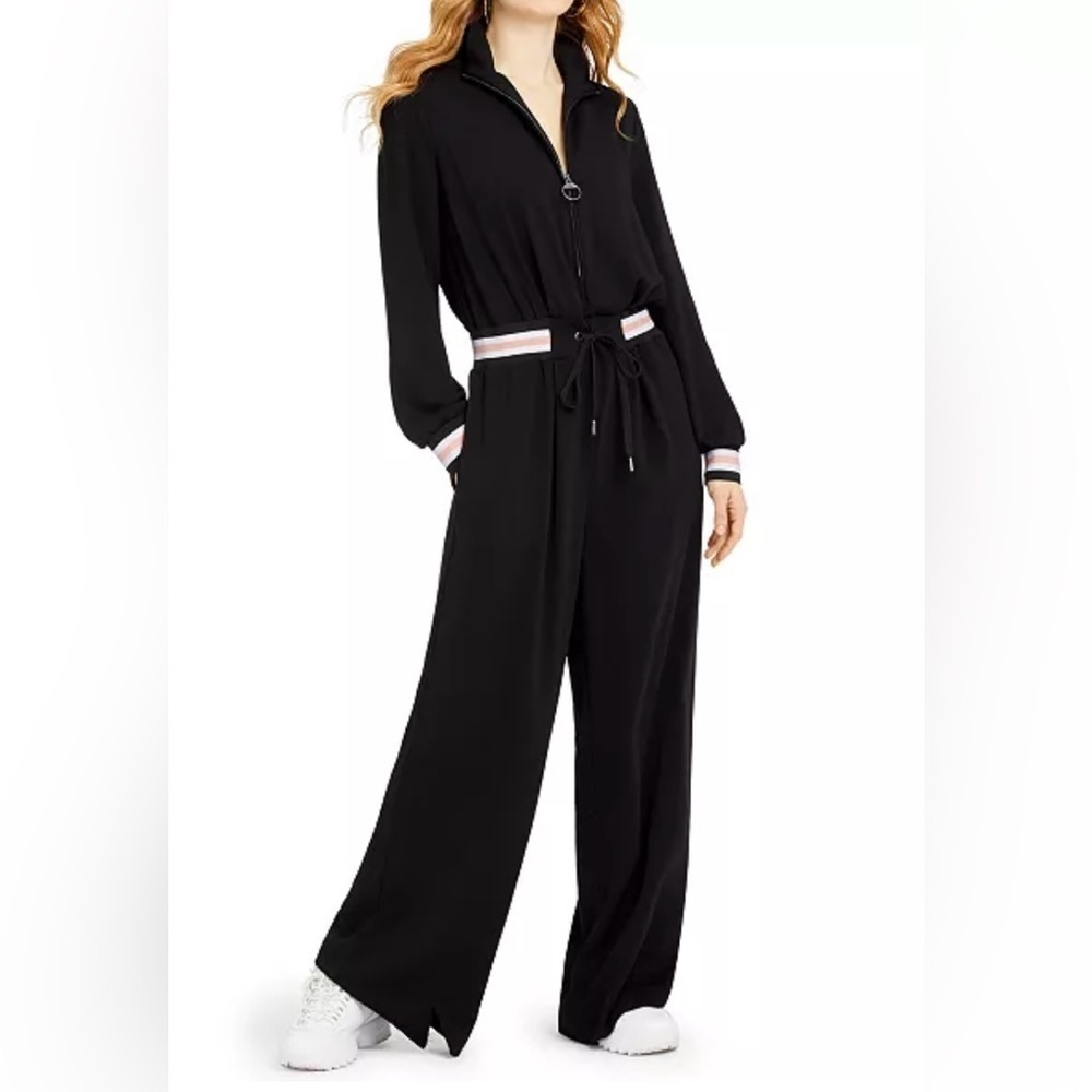 Guess Jumpsuit XS Black Zip Front Wide Leg Long Sleeve Stripe Trim Athleisure - Picture 2 of 16